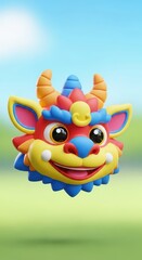 Fototapeta premium Colorful mythical creature head floats against a bright outdoor background