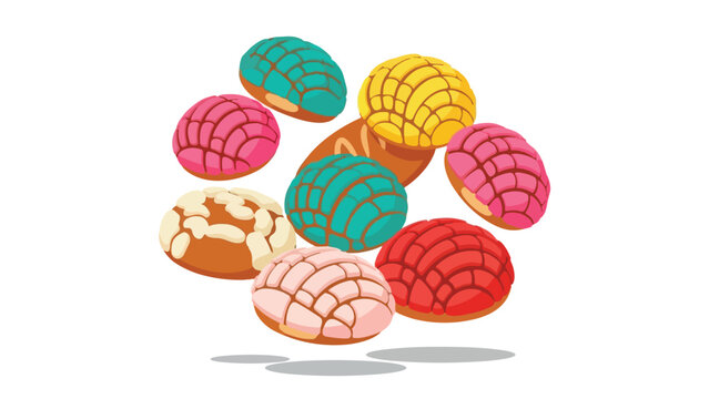 Vibrant assorted Mexican sweet bread conchas illustration with decorative shell patterns creating a delightful culinary artistic vector