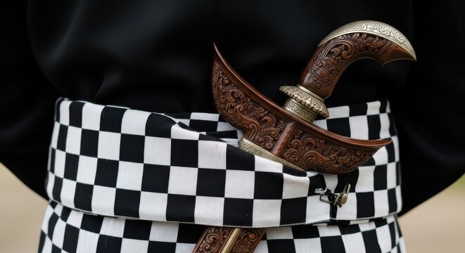 Ornate traditional blade is tucked into a checkered sash worn around the waist of a dark garment