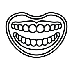 A simple black and white illustration of a smiling mouth with teeth.
