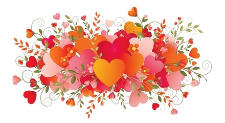 Beautiful vibrant heart shapes mingled with delicate blooming flowers and swirling green vines create a festive border illustration for romance.