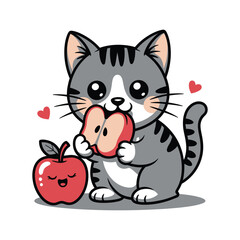 Obraz premium A cute cartoon cat eating a heart-shaped apple with a smiling red apple beside it.