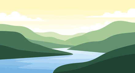 Serene river valley landscape illustration with gentle rolling hills and clear sky reflecting in © Kadal