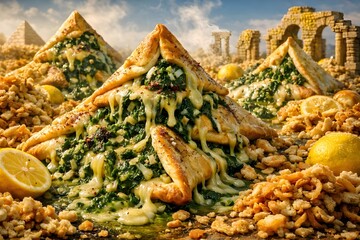 Landscapes of Melting Fatayer Spinach Pies in Giggling Pyramid Crumble Fantasy World