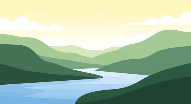 Serene river valley landscape illustration with gentle rolling hills and clear sky reflecting in