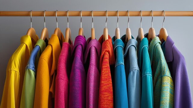 Row of colorful clothes on hangers on a wooden rod