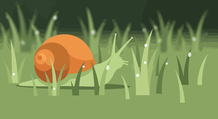 Illustration of a snail crawling through grass with morning dew drops on plants © Kadal