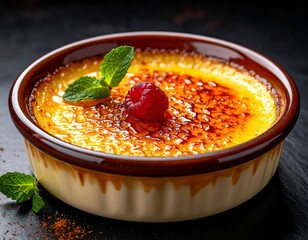 Gourmet custard dessert with caramelized sugar and fresh berries