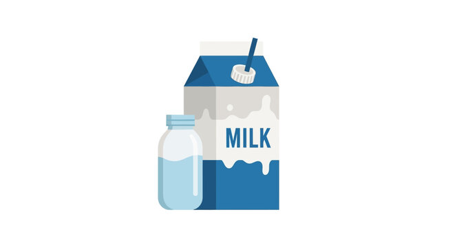 Minimalist vector illustration showcasing a milk carton and a bottle filled with fresh milk beverage