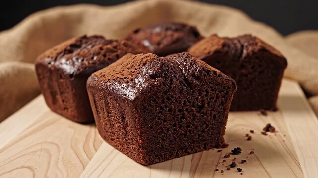 Delicious Chocolate Brownie Cakes on Wooden Board with Cocoa Powder.