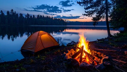 Evening campsite scene glowing tent, fire, lake, trees, and sunset sky