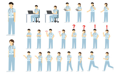 フラットイラスト：男女の看護師セット(白い制服)