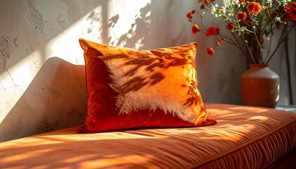 A vibrant orange pillow sits on a bench, illuminated by sunlight
