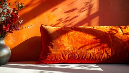 Vibrant orange wall with pillow, vase, and flowers, sunlit with shadows