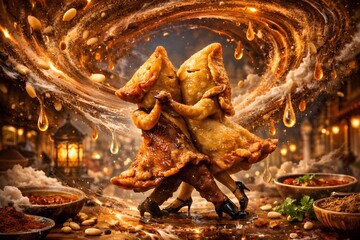 Food Landscapes of Traditional Egyptian Pulsing Sambousek Meat Dumplings in Tearful Spice Vortex Fantasy Dream