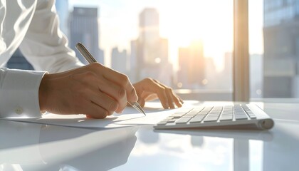 Hands writing on paper with keyboard, city skyline backdrop