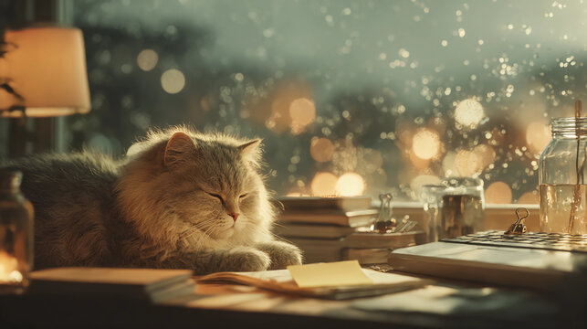 a fluffy cat sleeping on an open book, surrounded by desk accessories and raindrops outside the window, creating a cozy atmosphere in a home office with warm lighting.