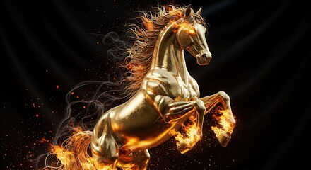 Mythical equine figure rendered in shining gold rears up enveloped in intense flames against a dark backdrop.