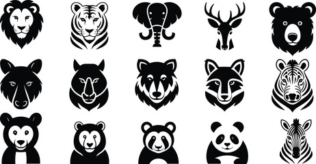 Collection of black and white animal head icons lion head icon tiger head icon