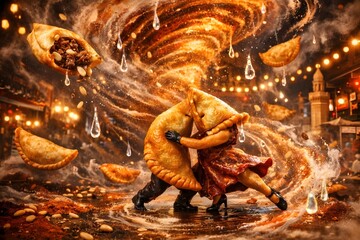 Food Landscapes of Traditional Egyptian Pulsing Sambousek Meat Dumplings in Tearful Spice Vortex Fantasy Dream