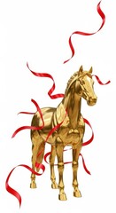 Glistening golden equine statue entangled with flowing crimson ribbons against a stark white background