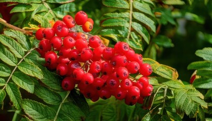 Obraz premium Close up of vibrant red rowan berries on a green leafy branch in natural sunlight.