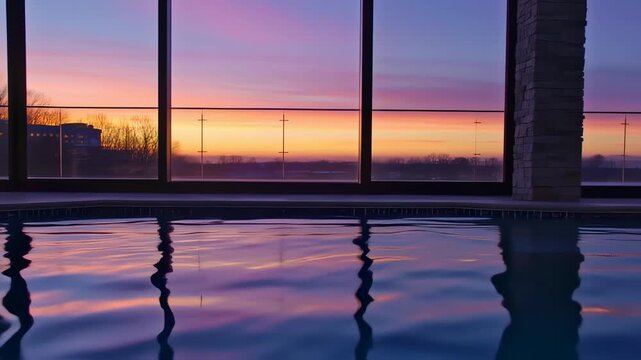 Reflective pool reflects colorful sunrise viewed through large windows. Columns frame the image