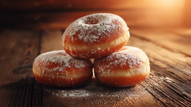 Powdered Donuts Stacked on Rustic Wood Illuminated by Golden Light