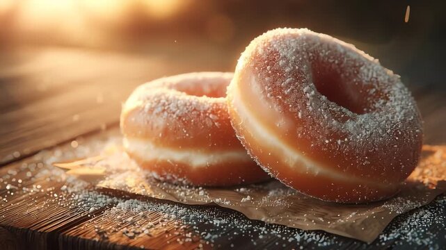 Delicious Glazed Donuts Covered in Powdered Sugar on Wood Table