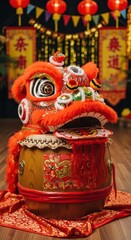 Fototapeta premium Vibrant traditional costume head rests atop a decorative wooden drum during a festive celebration