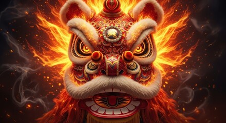 Obraz premium Ornate, fiery ceremonial animal headpiece illuminates a dark background with intense energy