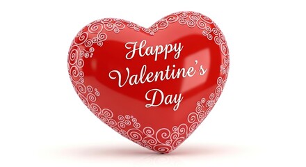 Three dimensional rendering of a shiny vibrant red heart shape featuring elegant white scrollwork design and inscription celebrating valentine's day holiday