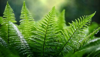 A Vivid Close Up Of Fern Fronds With Delicate Dew Capturing Fresh Green Tones Intricate Leaf Patterns And A Tranquil Natural Mood Suitable For Nature Botanical Eco Or Outdoor Lifestyle Projects