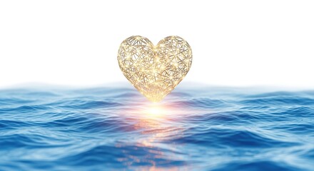 Fototapeta premium Glowing three dimensional golden wireframe heart sculpture hovering brightly above deep blue ocean waves under a bright white background