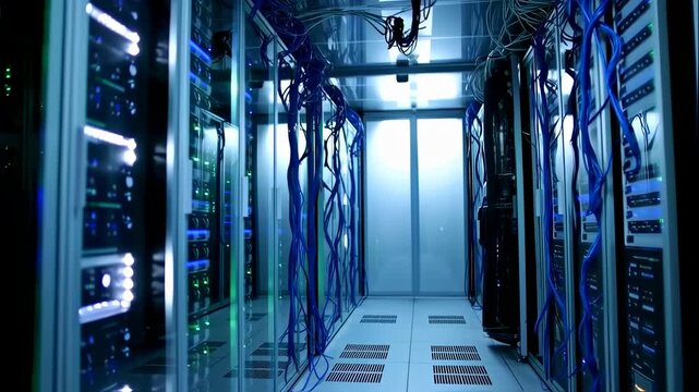 Inside a data center with rows of servers, cables, and glowing lights, blue tones