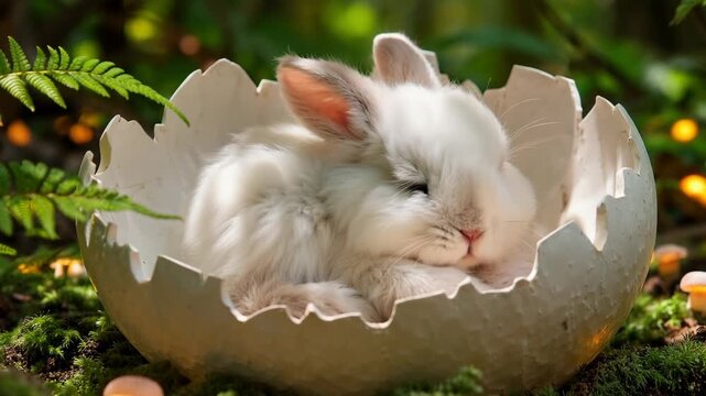 Realistic baby rabbit sleeping inside giant white eggshell in enchanted forest. Magical adorable fairy tale content, whimsical product branding