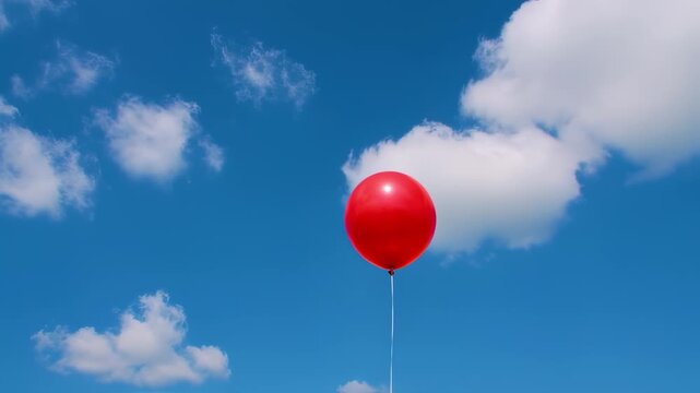 A vibrant red balloon floats in a bright blue sky with fluffy white clouds, on a sunny day