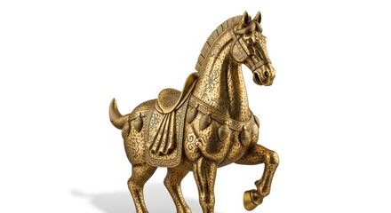 Fototapeta premium Ornate golden equine statue displays detailed traditional craftsmanship against a white background.