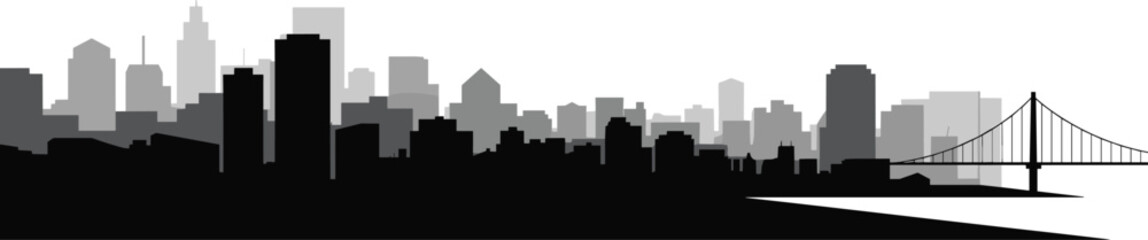 Fototapeta premium Modern city skyline silhouette with bridge panorama, urban downtown cityscape background, minimal grayscale metropolitan illustration isolated on white background vector