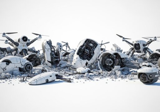 Collection of damaged drones and robotic parts isolated on white background