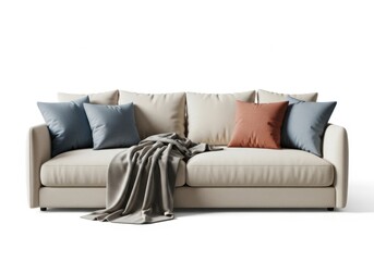 Obraz premium Comfortable modern sofa with decorative pillows and throw blanket isolated on white background