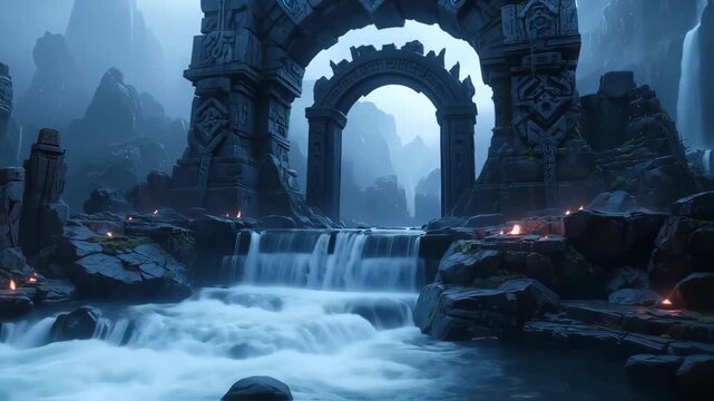 Ancient stone archway with waterfall