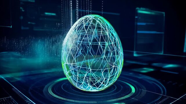 Easter egg shape constructed from glowing data points and lines on dark. Futuristic conceptual fintech presentation, analytics platform visual