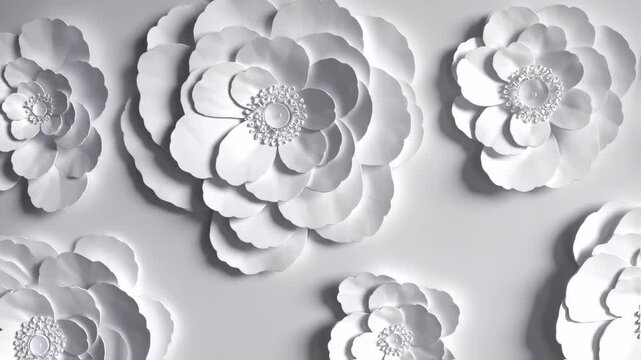 White paper flowers of varying sizes are attached to a white surface, creating a floral pattern