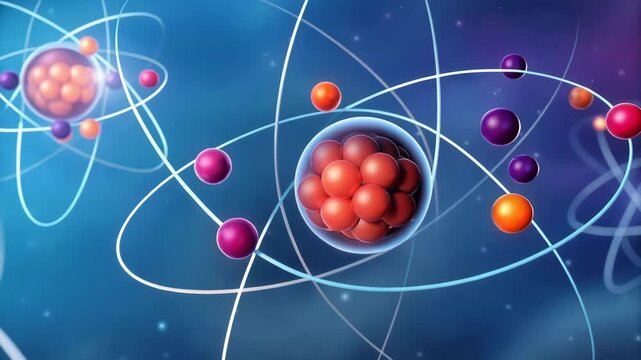Atomic structure with nucleus and orbiting electrons molecular science, showcasing atomic particles, electron orbit, quantum energy, and particle