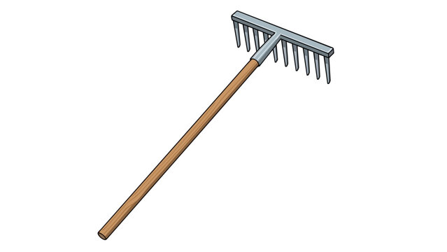 Classic garden rake with wooden handle and metal tines for essential yard cleanup tasks