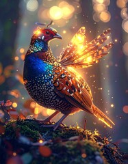 Fototapeta premium Beautiful wild forest quail displays extraordinarily colorful feathers, symbolizing elegance, camouflage, biodiversity, and woodland harmony.