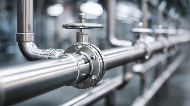 Stainless steel piping valve close up in industrial interior