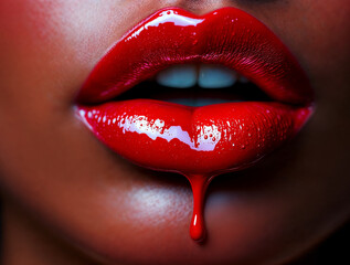 Obraz premium Close-up of sensual dark skin lips with vibrant red glossy lipstick and a captivating liquid drip, highlighting allure and beauty.