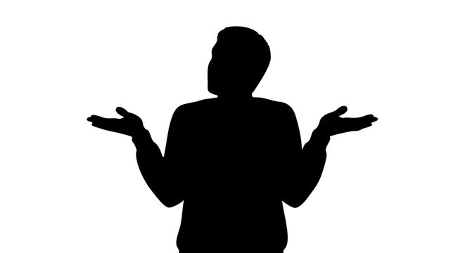 Silhouette of a person shrugging with palms up expressing uncertainty or confusion on a white background